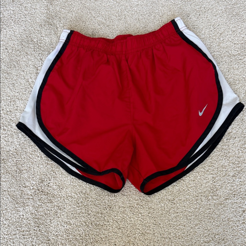 Nike Women's Red Athletic Shorts with White Panels and Black Trim